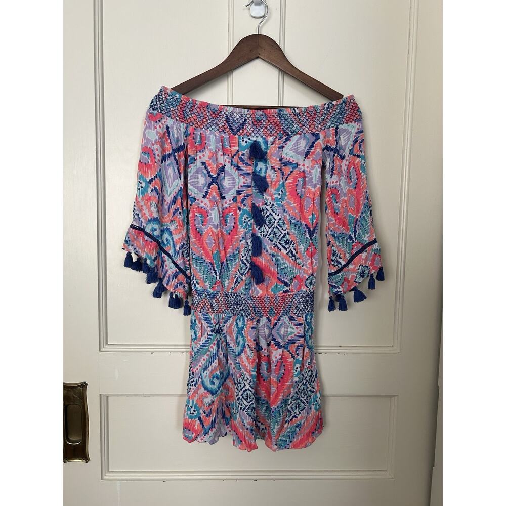 Lilly Pulitzer Off Shoulder Smocked Tasseled Mini Dress Womens Size XS Pink Blue
